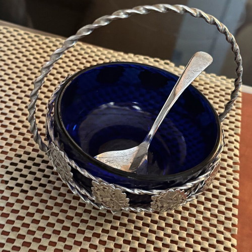 Dark blue crystal bowl with spoon in silver base vintage 60s