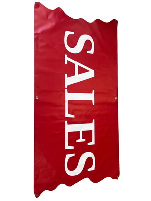 Sales Banner used, red with white letters, durable material