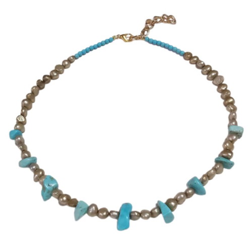 Necklace with freshwater pearls and haolite new, gold color