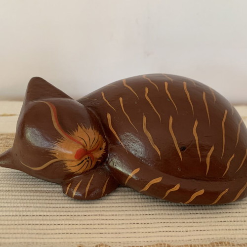 Wooden Handmade Sleeping Cat Figurine