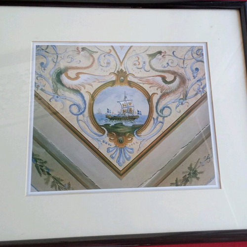 Vintage framed photo of ceiling painting from Rallis mansion, Ermoupoli Syros