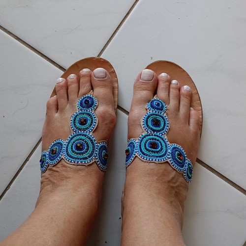 Beaded leather sandals used, size 38, blue and turquoise
