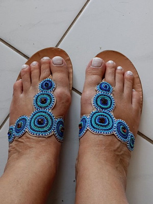 Beaded leather sandals used, size 38, blue and turquoise