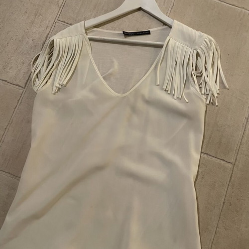 Zara white blouse with shoulder fringes, size L