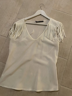 Zara white blouse with shoulder fringes, size L