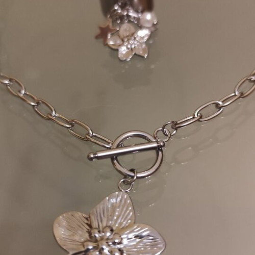 Silver necklace and ring set with charms made of stainless steel new