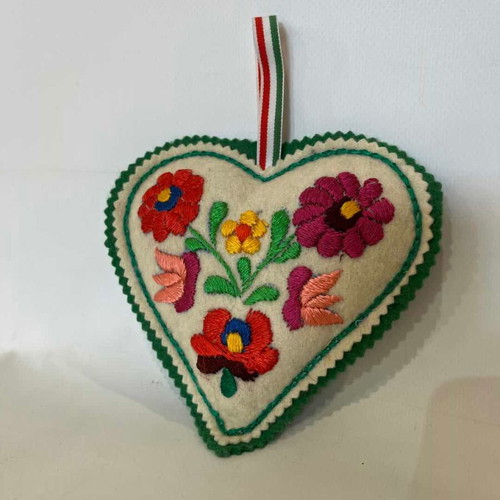 Vintage Hungarian traditional embroidered felt heart wall decoration 18x14