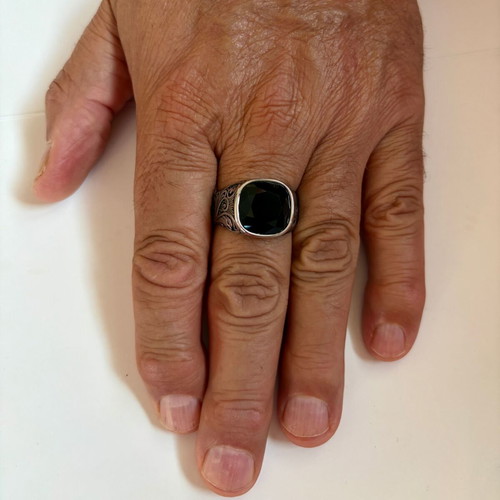 Vintage Signet Ring Black Zircon US 12 316L Stainless Steel New