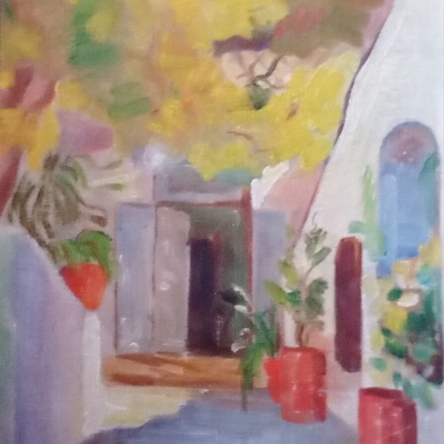 Painting by Lela Stathopoulou, alley scene, oil or acrylic on plywood