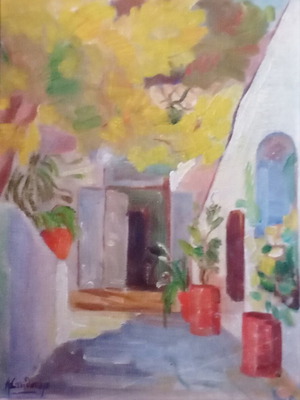 Painting by Lela Stathopoulou, alley scene, oil or acrylic on plywood