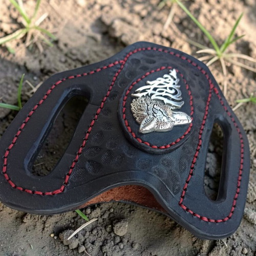 Handmade leather belt sheath for pocket knife with wolf head decoration