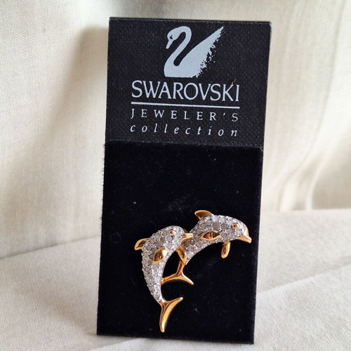Swarovski Crystal Twin Dolphins Pin Brooch new, white and gold-tone
