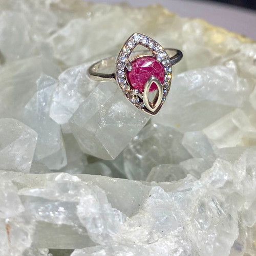 Silver ring with natural ruby and moissanite