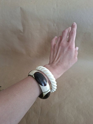 Ethnic bracelets used, wood and resin, beige and brown