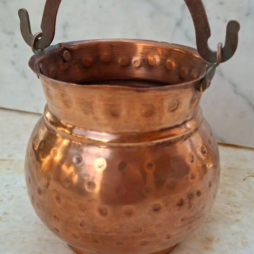 Copper vessel with handle used, curved c.1950