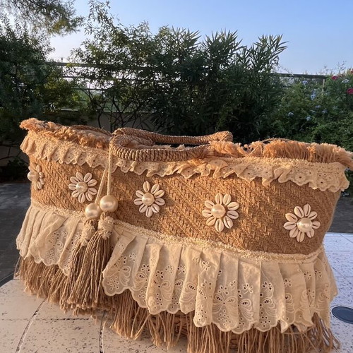 Alex Max boho summer straw bag with lace and pearl details used