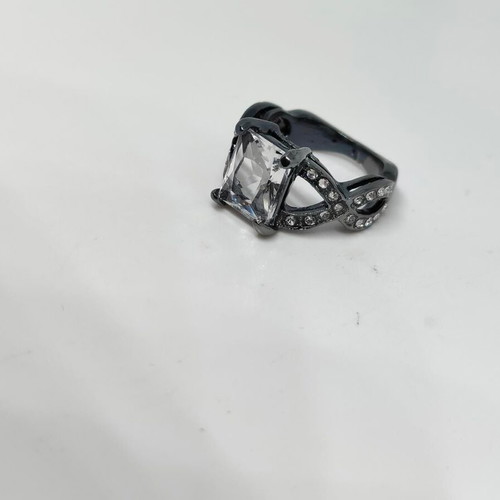 Black ring with large emerald cut crystal, like new