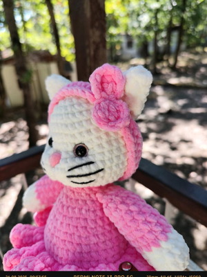 Handmade plush cat 28 cm in pink dress