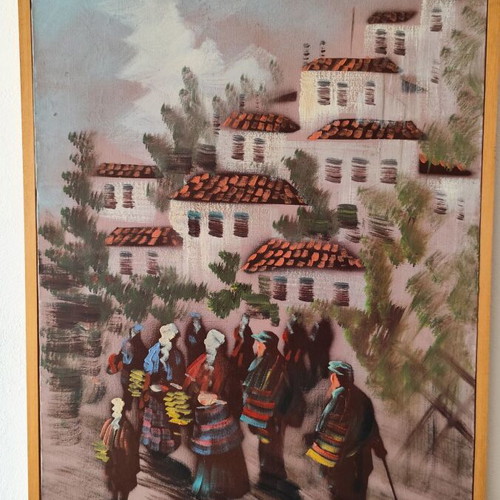 Oil painting on canvas used with traditional Greek scene