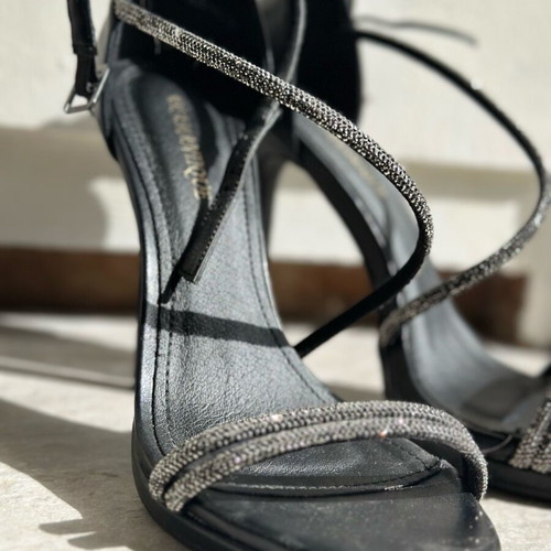 Black sandal with silver glitter detail like new, 12 cm heel