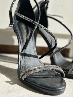 Black sandal with silver glitter detail like new, 12 cm heel