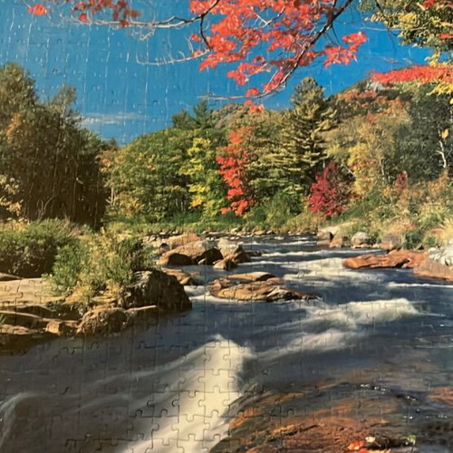 Puzzle board like new with river landscape and blooming tree