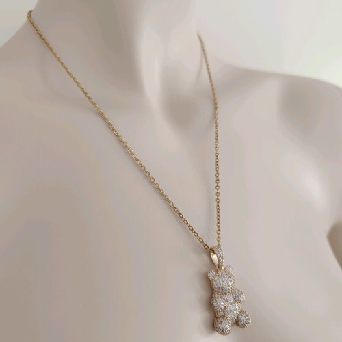 Steel necklace with bear pendant and zircon, handmade