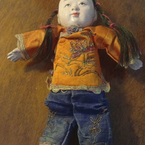 Chinese doll with traditional silk costume 1920s used