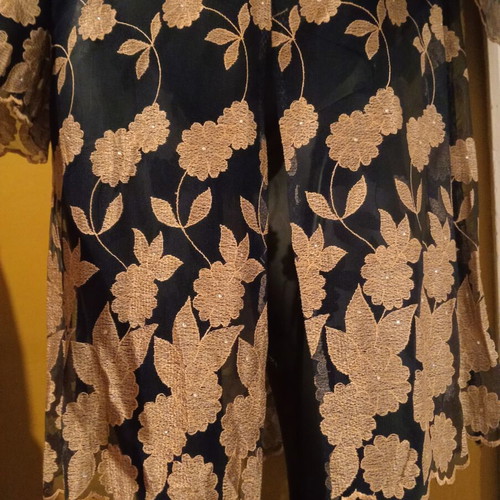 Dress kimono dark blue with gold beige floral embroidery and strass new L/XL