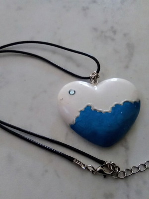 Handmade heart necklace new, white and blue