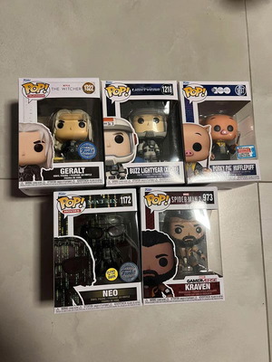 Funko Pop used, pack of 60 with Geralt, Lightyear, Hufflepuff, Neo, Kraven