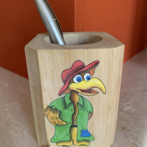 Wooden pencil holder new with vintage cartoon bird painting