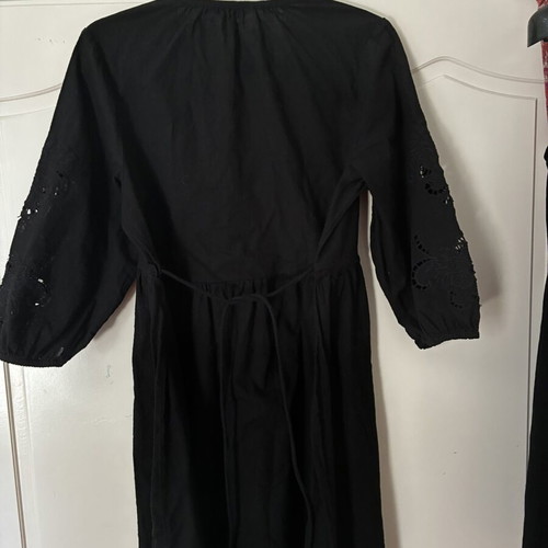 New Look Black Cotton Mini Dress Boho Broderie Anglaise Puff Sleeve Size L