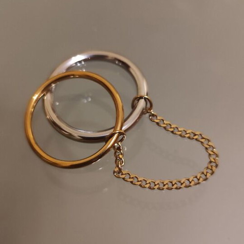 Two-tone ring new with two bands and chain, sizes 10 and 9, stainless steel