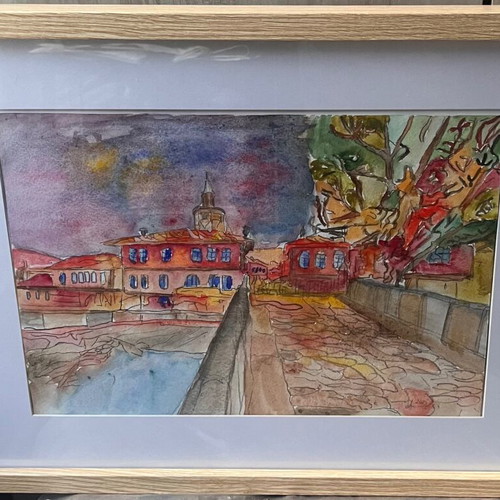 Original watercolor painting Tryavna, framed with passepartout, 30x40 cm