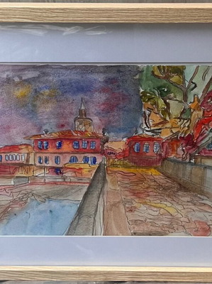 Original watercolor painting Tryavna, framed with passepartout, 30x40 cm