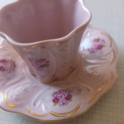 Pink vintage porcelain 4 pcs hand-painted gilded new