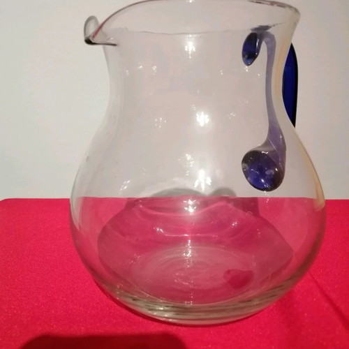 Vintage crystal pitcher with handmade cobalt blue handle, like new