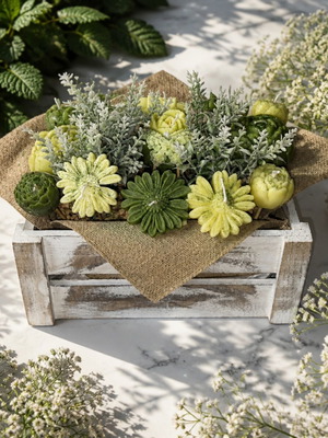 Wooden frame decorated with aromatic soy wax flowers, new