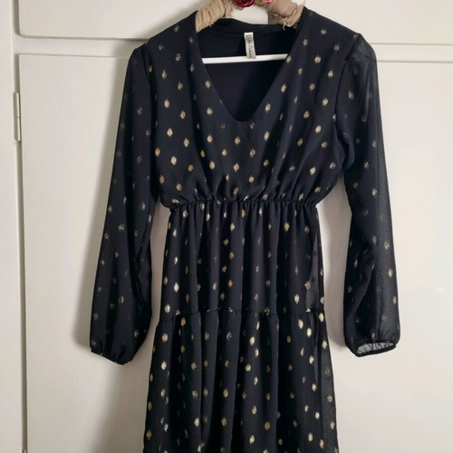 Black dress with gold polka dots and lace like new, size M