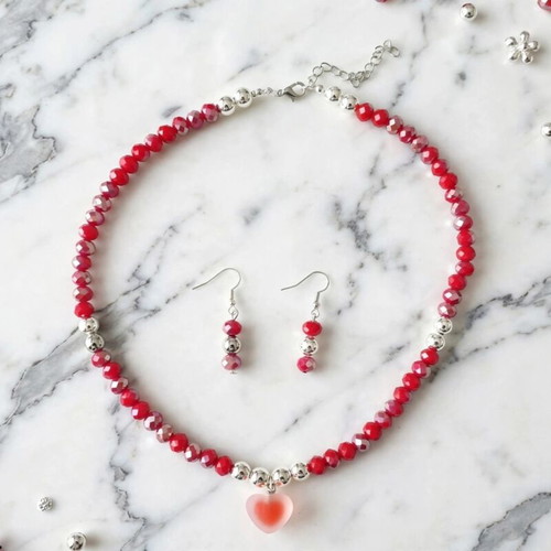 Handmade crystal beaded red color necklace and earrings set