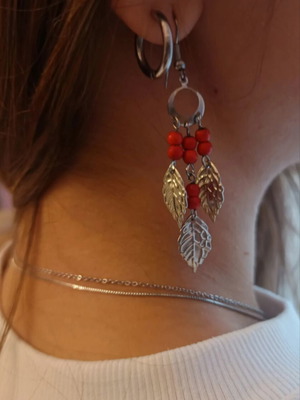Dangling earrings with red beads and leaves like new