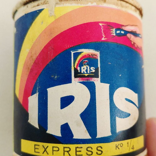 Iris vintage metal paint tin, 1960s