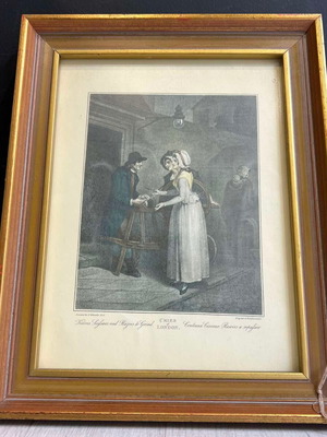 Vintage Engraving Print with Daily Life Scene in Frame used