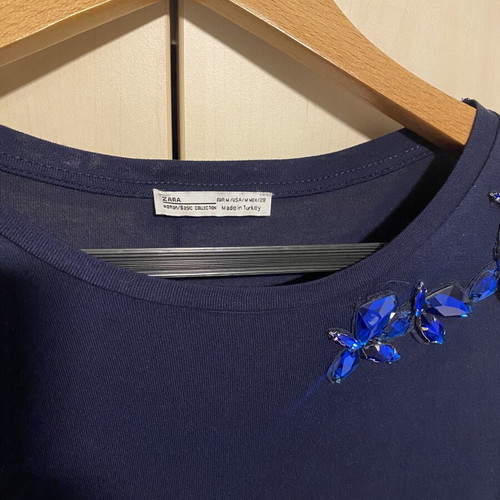 Zara cotton blouse blue decorated with stones, new, size M