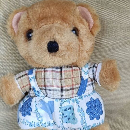Teddy Bear 15.5 cm used, vintage soft toy with work outfit