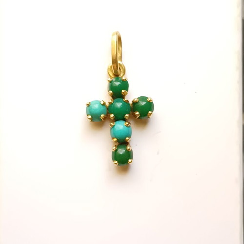 Gold Cross K18 Miniature with Turquoise and Chrysoprase like new