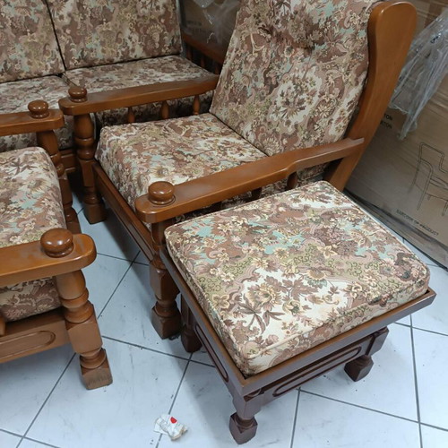 Rustic living room set used, sofa, two armchairs, stool