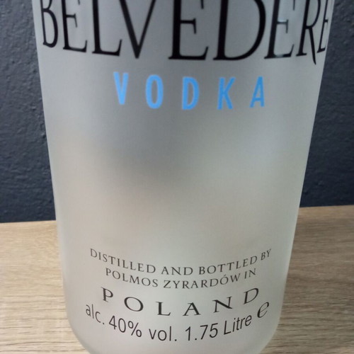 Large empty Belvedere 1.75 lit. bottle used with light