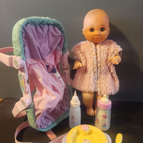 Vintage Baby Doll Set with Relax Seat and Feeding Accessories 90s used